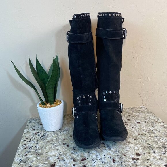 SAM EDELMAN BLACK SUEDE STUDDED TALL BOOTS - Picture 2 of 5